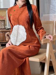 Ethnic Clothing Orange Green Improved Chinese Style Cheongsam Thick Woollen Dress Elegant Women Vintage Long Dresses Winter Plush Qipao