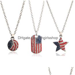 Pendant Necklaces Diamond American Flag Necklace Fashion Crystal Hip Hop Round Five Pointed Star Us Flags Tag Women Decoration Jewel Dhbwn