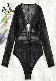 20187 AZULINA Sexy Cut Out Plunge Sheer Long Sleeve Bodysuit SeeThru Lace Women Rompers Summer Fall Solid Jumpsuits Ladies Overal7322111