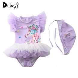 set New Summer Girls Unicorn Purple Swimsuit Kids Princess Swimwear Tutu Skirt One Piece Toddler Baby Bath Tub Set with Cap