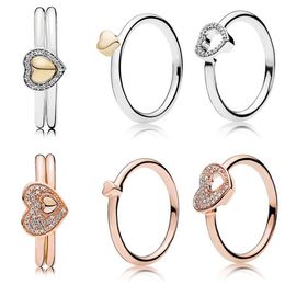 Rose Blushing Romance Puzzle Heart Of Golden Puzzle Gift Set Rings With Crystal 925 Sterling Silver Ring DIY Europe Jewelry279C