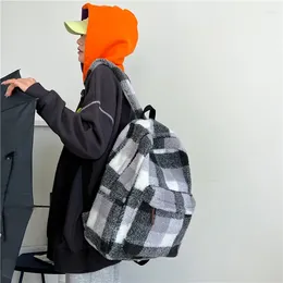 Backpack Fashion Versatile Checker Panel Color Lamb Fleece Women's Autumn Winter Trend Simple Large Capacity Storage Bags