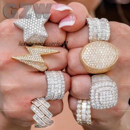 Rings Hip Hop Cubic Zirconia Pentagram Finger Ring Band Mens Iced Out Gold Bling Baguette Diamond rings for Women Men Boyfriend Weddiing