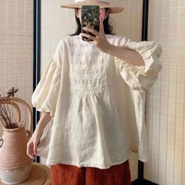 Women's Blouses Johnature Mori Lace Top Retro Flower Bud Sleeve Doll Shirts 2023 Spring Japanese Style Ramie Loose Solid Color Women