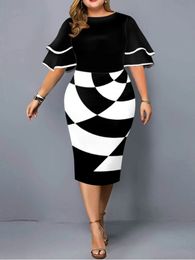 Plus Size Dress Elegant Geometric Print Birthday Party Dress Women Layered Sleeve Wedding Evening Club Midi Dresses 5XL 231229