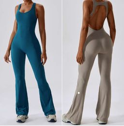 LL-1212 Womens Jumpsuits One Piece Yoga Outfits Sleeveless Close-fitting Dance Jumpsuit Long Pants Fast Dry Breathable Bell-bottoms