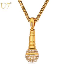 U7 Ice Out Chain Necklace Microphone Pendant Men Women Stainless Steel Gold Colour Rhinestone Friend Jewellery Hip Hop P1018 2102733