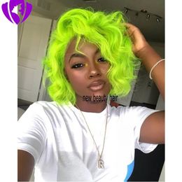 Wigs Hand Tied mint Green Colour short synthetic wigs Heat Resistant deep body wave brazilian virgin hair full Lace Front bob Wigs for w