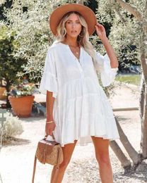 Women's Swimwear White Tunic Bikini Cover-ups Sexy V-Neck 3/4 Sleeve Shirt Summer Clothes Beach Wear Swim Suit Cover Up 2023