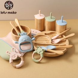 Let's Make Wooden Feeding Tableware Sets Kids Feeding Supplies Bamboo Dishes with Silicone Straw Cup Children Dinnerware Gift 231229