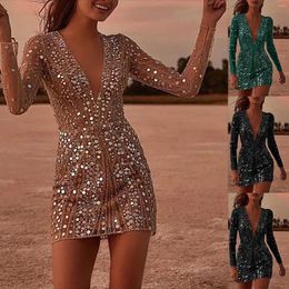 Casual Dresses Women Long Sleeve Evening Gown Sexy Deep V See Through Gold Covered Buttock Dress Robe Club Outfits Vestidos