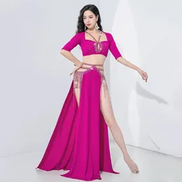 Stage Wear Sexy Women Belly Dance Clothes Long Skirt With Fringes Halter Top Group Class Ablaze Girls Bellydance Outfit