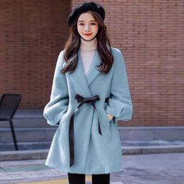 Fur Fashion Fall Mink fleece Wool Jacket Coat Women Korean Fashion Clothing Mid Length Cute Blue Pink Winter Woollen Blend Coats