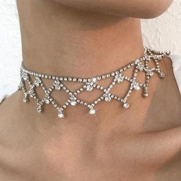 Chokers Luxury Rhinestone Mesh Shape Short Choker Necklace Charm Neck Jewelry For Women Bling Crystal Hollow Tassel Party Gifts271d