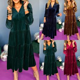 Casual Dresses Women's Solid Color Gold Velvet Wide Hem Loose Slimming V Neck Womens Summer Dress Long Dressy Maxi For Women