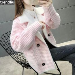 Cardigans Korean Fashion Pink Plaid Jacket Women Fall Long Sleeve Soft Mink Cashmere Coats Stylish Turndown Collar Short Sweater Cardigan
