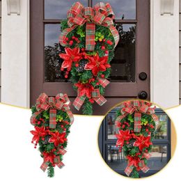 Decorative Flowers Christmas Flower Upside Down Tree 2023 Classic Red And Green Chequered Wreath Door Hanging Shopping Mall El