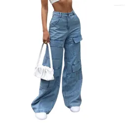 Women's Jeans Workwear Style Multi-pocket Splicing Loose Wide Leg Women Trend Streetwear Mid Waist Straight Denim Pants Female Trousers