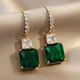 Hoop Earrings Gold Colour Women's Dangle With Square Green Cubic Zirconia Temperament Female Ear Statement Jewellery