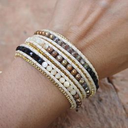 Bangle MOP Mix Shell P earl Natural Stone Crystal Beaded 3 Wraps Bracelet with Chain for Men and Women Gift