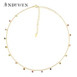 ANDYWEN 925 Sterling Silver Gold Rainbow Zircon Charm Choker Chain Necklace Rock Punk Party Beads Pendant Fine Jewelry240115