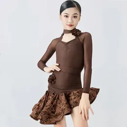 Stage Wear Long Sleeve Mesh Latin Dance Dresses Bodysuit Brown Practise Dress Performance Costume Outfit