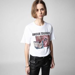 23 Summer New French Niche Zadig Voltaire2024 Tongue Kiss Cake White Ink Digital Printing Hot Diamond Loose Women's Short Sleeve T-shirt