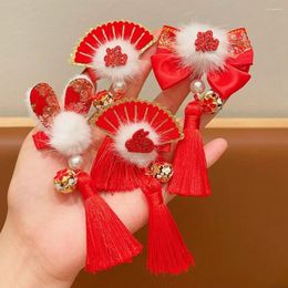 Hair Accessories Plush Children Red Bow Hairpin Fan Chinese Year Headwear Ancient Tang Suit Clip Style