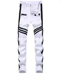 Men039s Jeans 2023men White Zipper Black Trim Side Stripe Slim Stretch Ripped Casual Trousers7669643