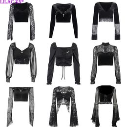 Shirts Goth Sexy Lace Flared Long Sleeve Corset Crop Tops Women Aesthetic Black Veet Vneck Tshirts Y2k Vintage Tops Tees Streetwear