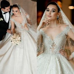 Modern 3D-Flower-Lace A-Line Wedding Dress V-Neck Tassel Long Sleeve Ball Gown Plus Size Brush Train Bridal Gowns Dress Vestido De Novia Customised D-H23827