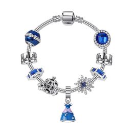16-21CM 925 silver bracelet Cinderella Sandy Labelle princess skirt charms pendant pumpkin carriage beads for girl kids gift DIY J292Y