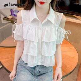 Women's Blouses Women Sexy Off Shoulder Lace Up Chic Sweet Shirts Trendy Casual Ruffle Tierred White Short Sleeve Kawaii Tops Y2K Blusas