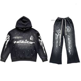 Men's Hoodies Hellstar Flare Black Pants Hoodie Wash and Patchwork Long Sweater Set KU57