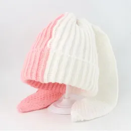 Berets Korean Cute Beanie Hat Contrast Colour Long Ear Knitted Crochet Winter