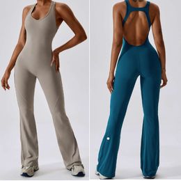 LL-154 Womens Jumpsuits One Piece Yoga Outfits Sleeveless Close-fitting Dance Jumpsuit Long Pants Fast Dry Breathable Bell-bottoms