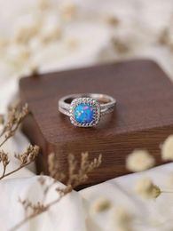 Cluster Rings 2023 Fashion Pure 925 Silver Ring Inlaid With Square Blue Opal And Zircon Trendy Style For Daily Office Wearing