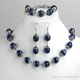 1set fashions lapis lazuli ball beads bracelet necklace earrings hook jewelry set 0 47 296f