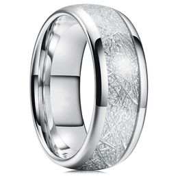 8mm Tungsten Mens Ring Inlay Meteorite Silver Polished Wedding Bands Men's 316L Stainless Steel Ring Size 7-13#2467
