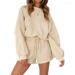Women's Tracksuits Summer Loungewear Set Solid Colour Long Sleeve Round Neck Tops Drawstring Shorts 2 Pieces Loose Sleepwear