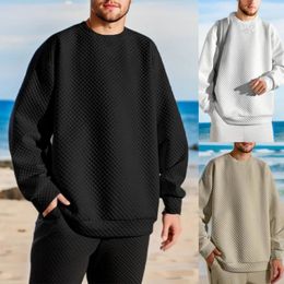 Men's T Shirts Mens Waffle Jacquard Top Casual Sweatshirt Solid Long Sleeve O Neck Pullover Leisure Loose Winter Fashion Tops