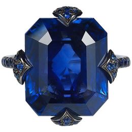 Antique Women Jewellery Black Gold Filled Natural Gemstone Blue SapphireTitanium Steel Ring Bride Wedding Engagement Rings Size 6-12184P