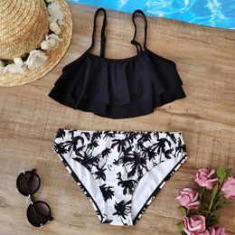 set Palm Tree Girl Swimsuit Kids Ruffle Flounce Girl Bikini Set 714years Two Piece Children's Swimwear Girls Bathing Suit Beachwear