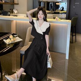 Work Dresses 2023 Fashion Suit Ruffles Patchwork Women Summer V Neck Short Sleeve Blouse Top Female High Waist Draped Skirt 2 Piece Set