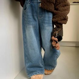 Trousers Children Clothing 2023 Winter Fleece Jeans Boys And Girls Straight Leg Retro Hong Kong Style Loose Fashionable Denim Pants