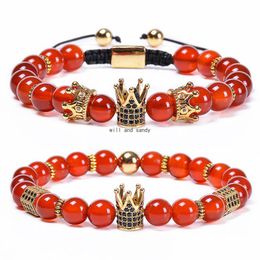 Beaded Copper Micro-Inlaid Zircon Crown Bracelets Braided Natural Stone Red Agate Bracelet Bead Adjustable Strand For Women Men Fash Dhdgj