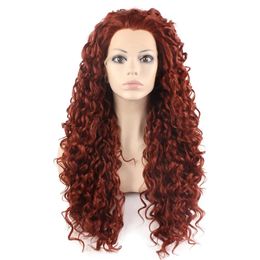 Wigs 26inch Long Curly Burgundy Red Heat Resistant Fibre Hair Synthetic Lace Front Wig