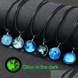 Pendant Necklaces Luminous Glow In The Dark Galaxy Universe Necklace Star Moon Glass Cabochon Pendants Fashion Hip Hop Jewelry Drop Dhhzt