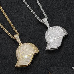 Pendant Necklaces Sport Baseball Hat Necklace Jewelry Set 18K Gold Cubic Zirconia Bling Diamond Hip Hop Summer Hats Women Men Stainl Dh7By