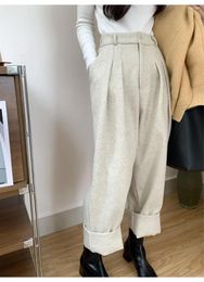 Women's Pants Women Casual Loose Pockets Woollen Suit Autumn Winter High Waist Thicken Korean Ladies Solid Harem Trousers Y2k Clothes